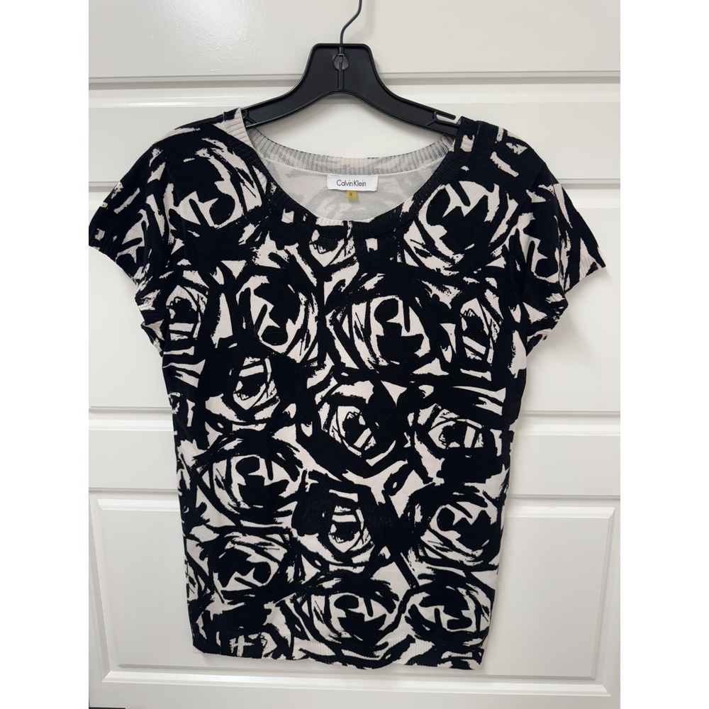 Calvin Klein Womens Thin Knit Sweater Top Cap Sleeve Black White Rose Small